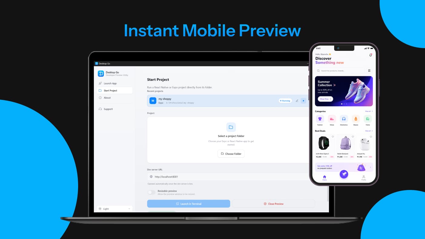 Desktop Go React Native and Expo development tool built by Bipanshu Kumar