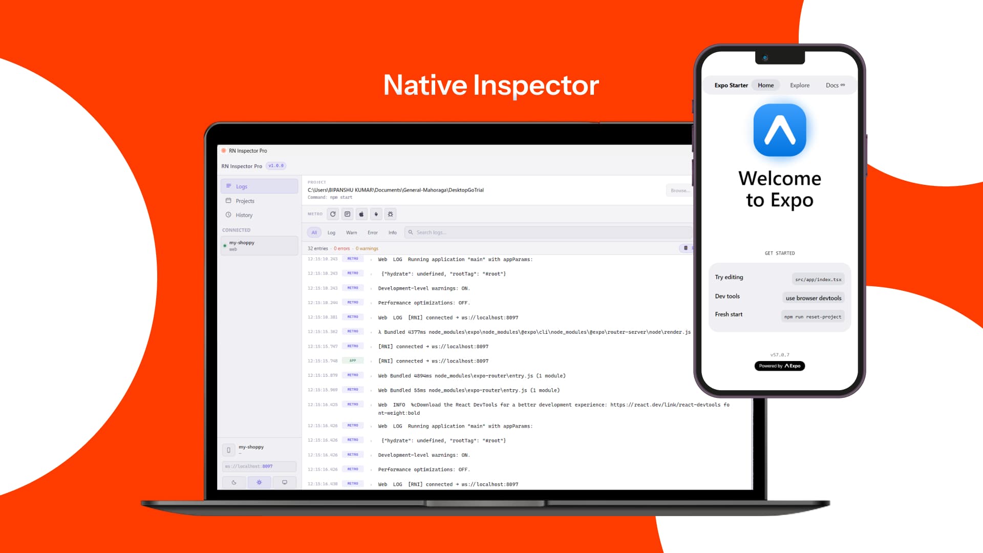 Native Inspector desktop developer tool for React Native and Expo built by Bipanshu Kumar